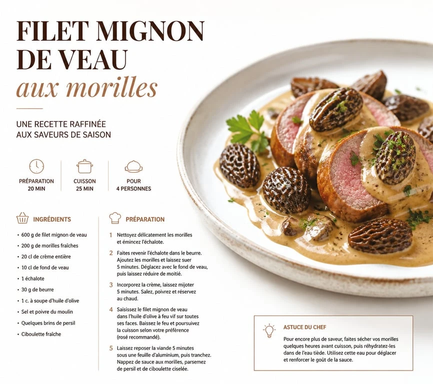 Recette filet mignon de veau gastronomique aux morilles et Porto dressé sur assiette