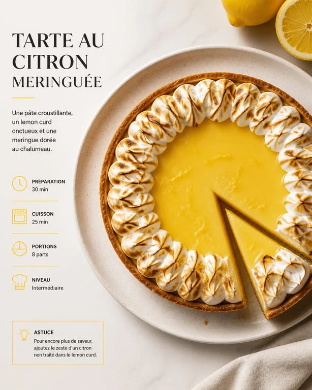Tarte au citron meringuée maison avec une meringue dorée et une crème onctueuse