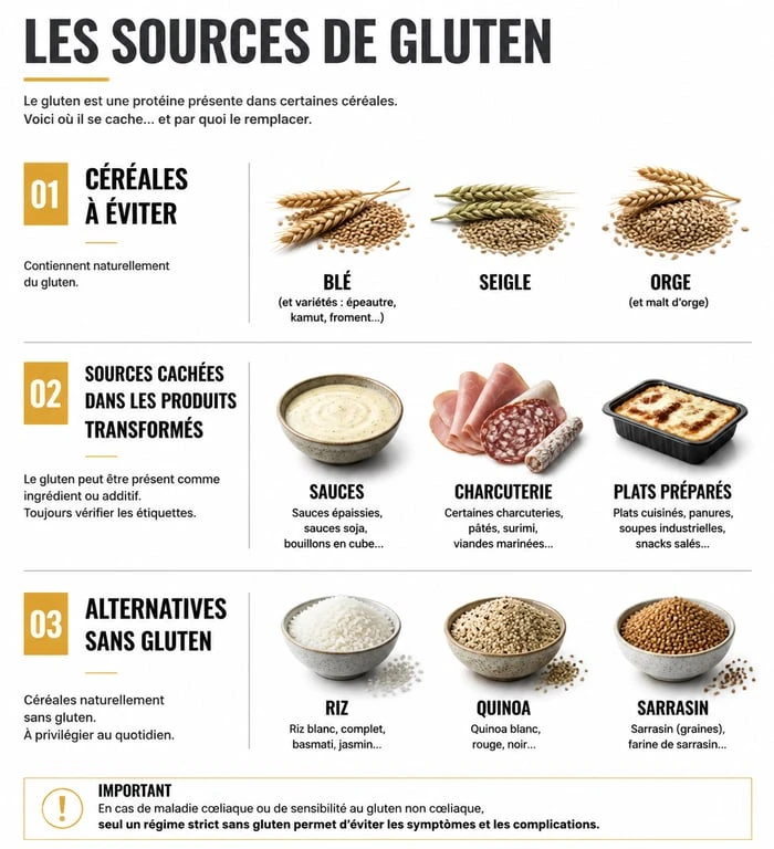Infographie des aliments contenant du gluten à éviter et alternatives sans gluten