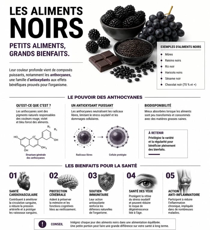 Infographie des bienfaits nutritionnels et antioxydants des aliments noirs