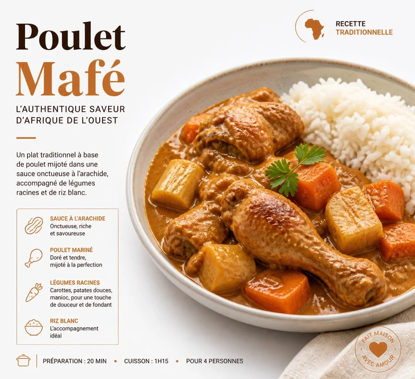 Plat de poulet Mafé traditionnel avec sa sauce onctueuse à l'arachide et riz blanc