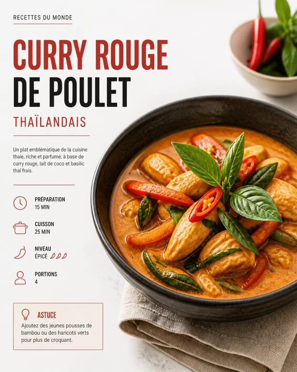 Curry rouge de poulet thaïlandais avec basilic et bambou, recette avec pâte de curry