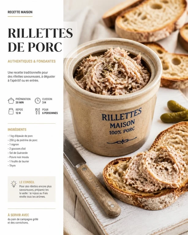 Rillettes de porc maison au St Doux servies dans un pot en grès avec du pain grillé
