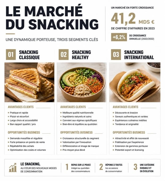 Infographie comparative des segments du marché du snacking : classique, healthy et international.