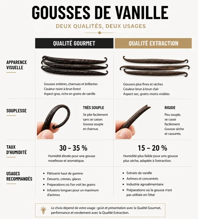 Comparatif des grades de gousses de vanille : Gourmet vs Extraction pour bien choisir ses vanilla beans