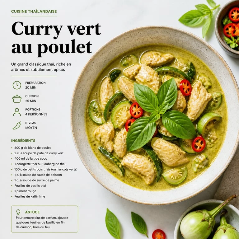 Curry vert thaï au poulet agrémenté de feuilles de basilic thaï frais