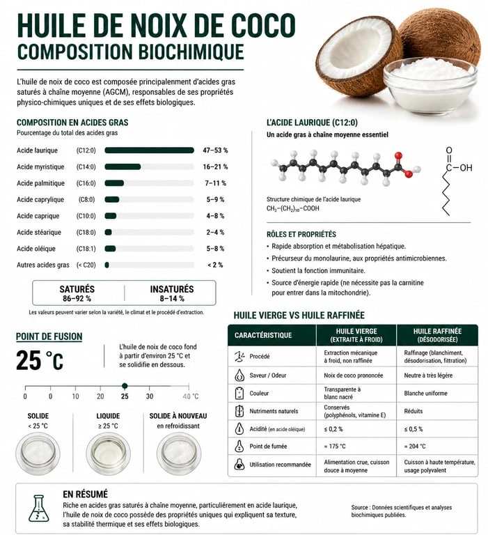 Infographie des propriétés et de la composition biochimique de l'huile de noix de coco