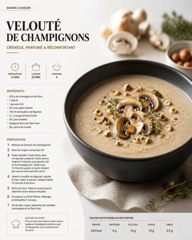 Velouté de champignons au Thermomix servi dans un bol