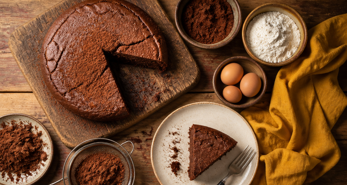 gateau cacao moelleux decoupe sur planche