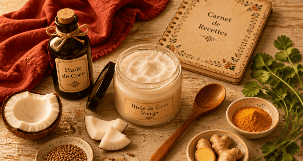 huile de noix de coco solide sur table rustique