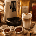 Meilleur café Senseo, dosettes et latte sur table