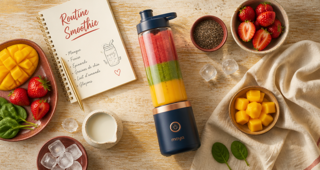 Mixeur à smoothie individuel avec fruits et smoothie coloré