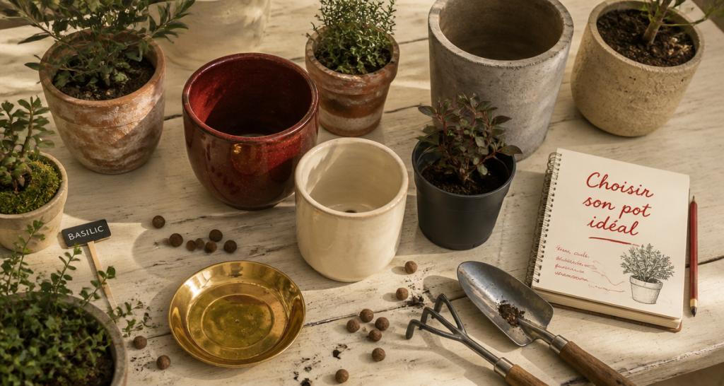 Pots de fleurs en différents matériaux sur table
