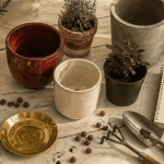 Pots de fleurs en différents matériaux sur table