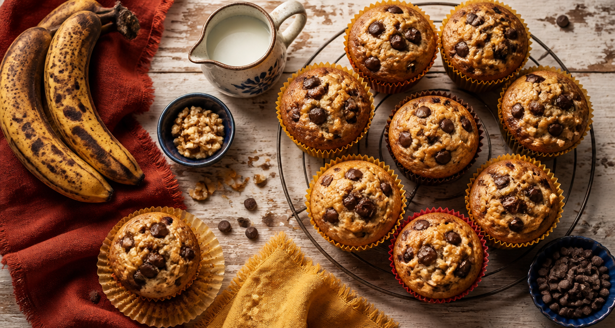 recette muffin banane moelleux avec pépites chocolat sur table