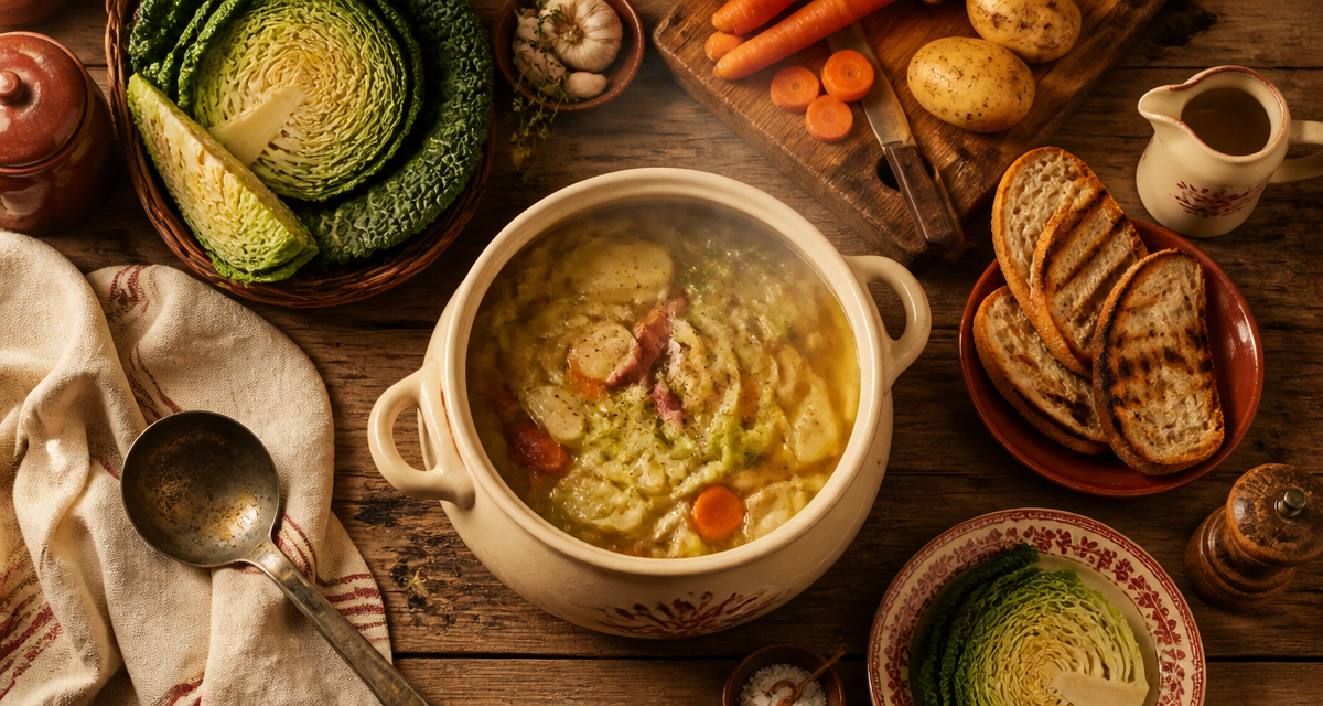 Soupe aux choux verts en soupière sur table rustique