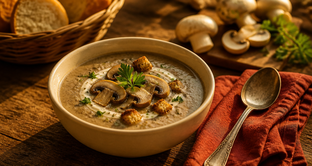 velouté de champignons thermomix dans un bol crème avec croûtons