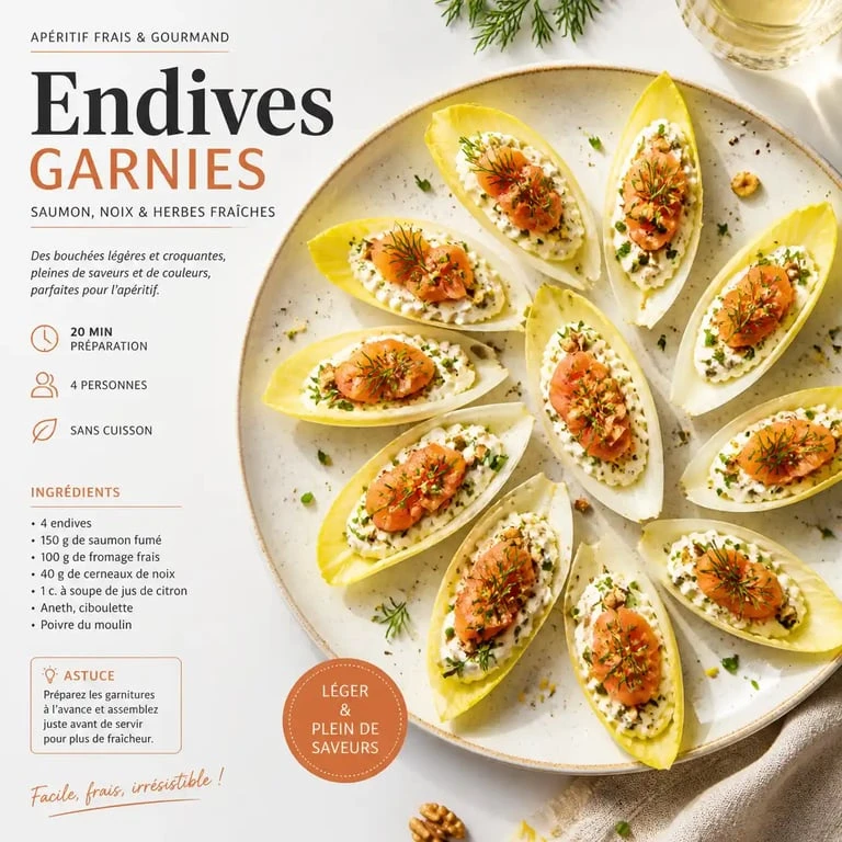 Plateau de feuilles d'endives garnies pour apéro, recettes variées et colorées