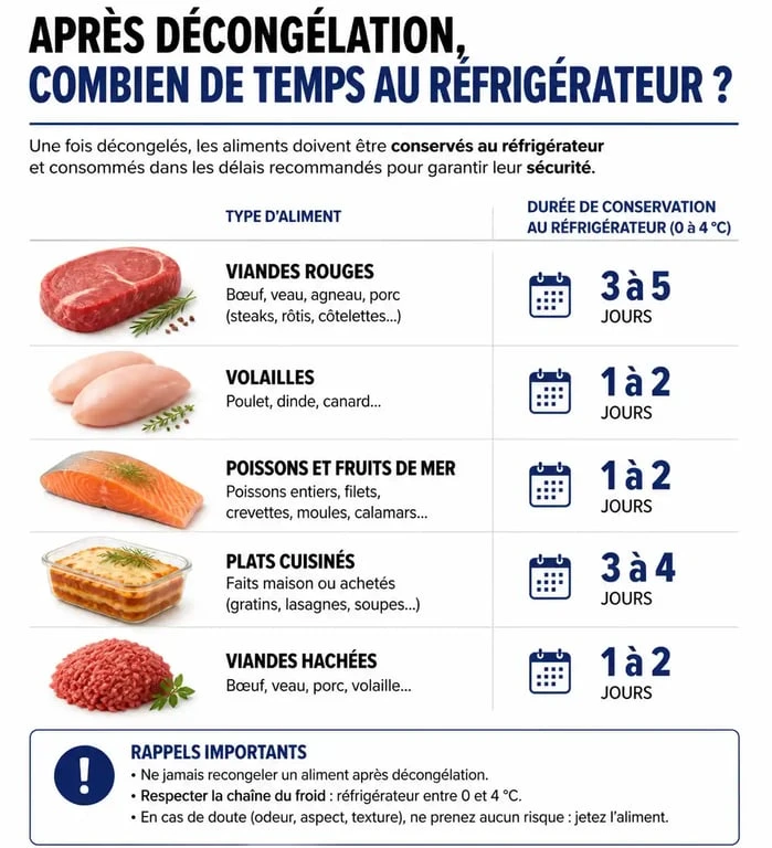 Infographie des durées de conservation des produits décongelés au réfrigérateur