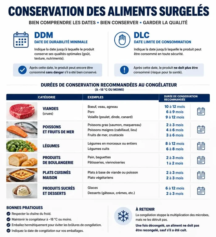 Infographie sur la conservation des produits surgelés et la différence entre DLC et DDM pour savoir si on peut consommer un produit congelé périmé