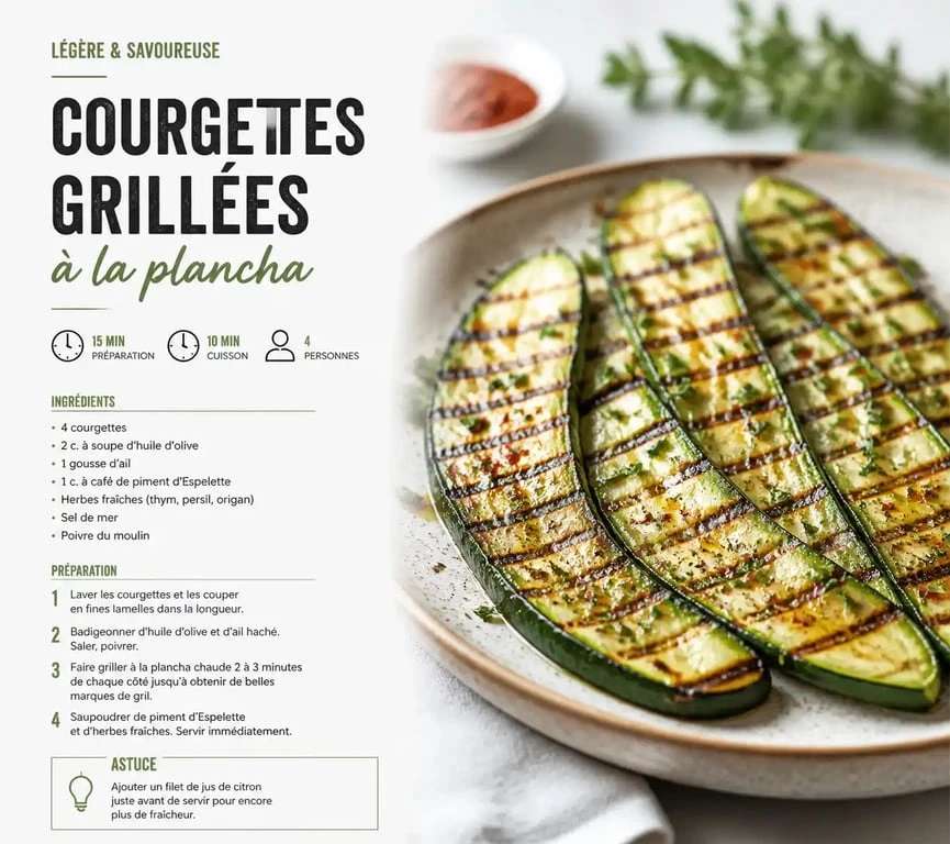 Courgettes à la plancha marinées à l'ail et au piment d'Espelette dans une assiette