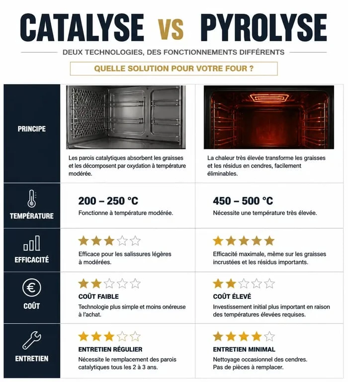 Tableau comparatif entre la catalyse et la pyrolyse pour le nettoyage des fours