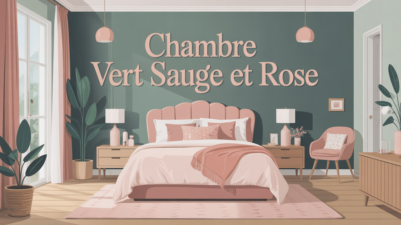 Chambre vert sauge et rose illustrée décor adulte moderne