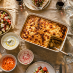 Accompagnement moussaka avec salades et mezze