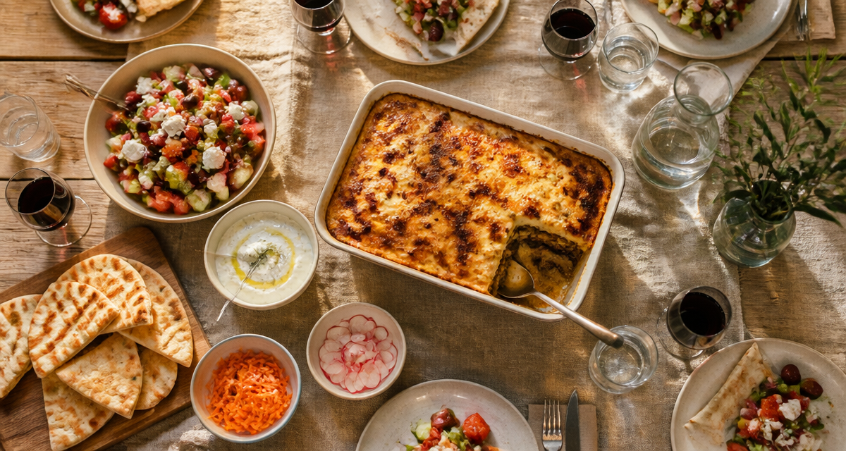 Accompagnement moussaka avec salades et mezze