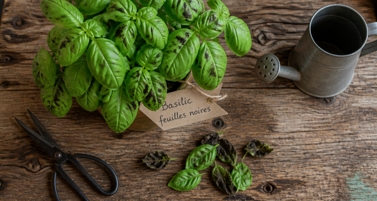 basilic feuilles noires en pot sur bois