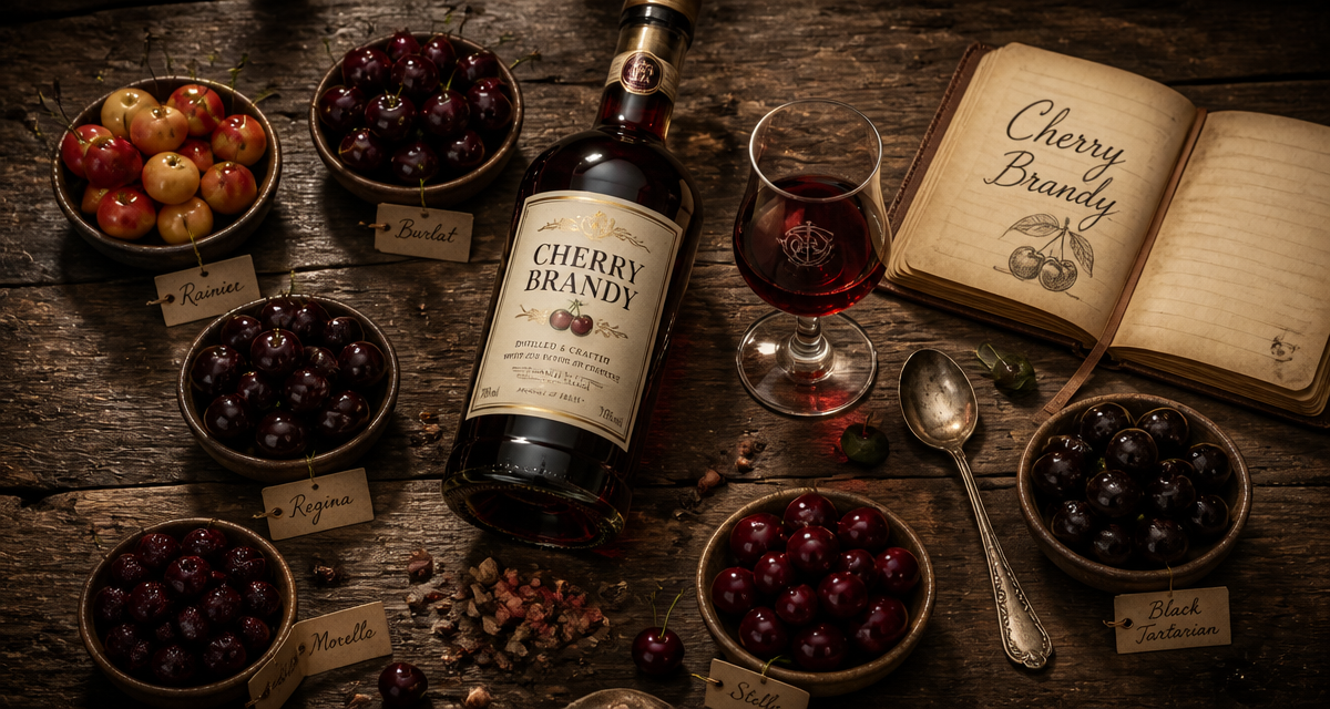 cherry brandy liqueur cerises et noyaux sur table