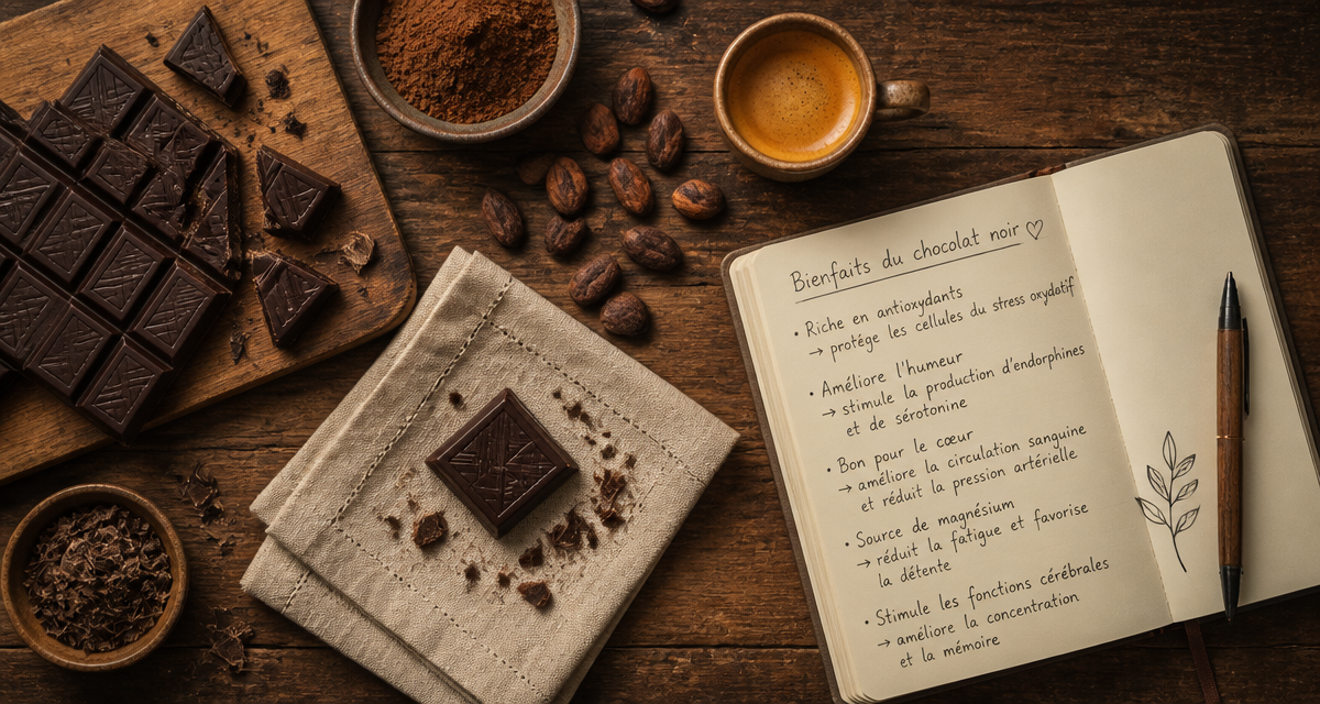 chocolat noir bienfaits et mefaits sur table rustique