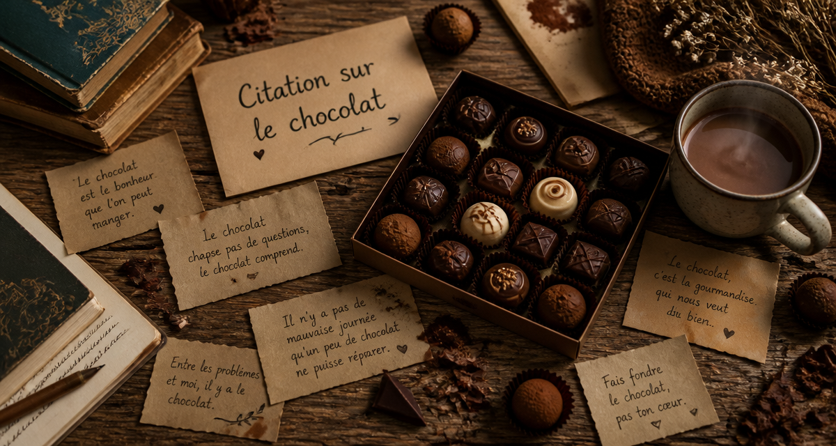 citation le chocolat sur une table avec chocolats et citations