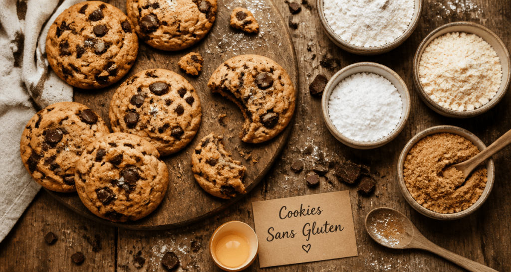 Cookies sans gluten et ingrédients sur table rustique