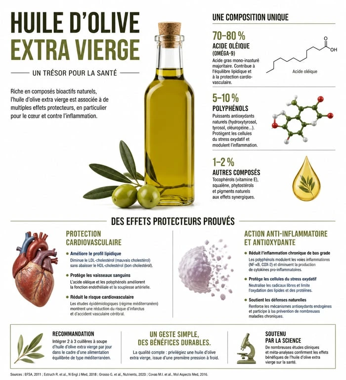Infographie sur les bienfaits de l'huile d'olive pour la santé et la protection cardiovasculaire