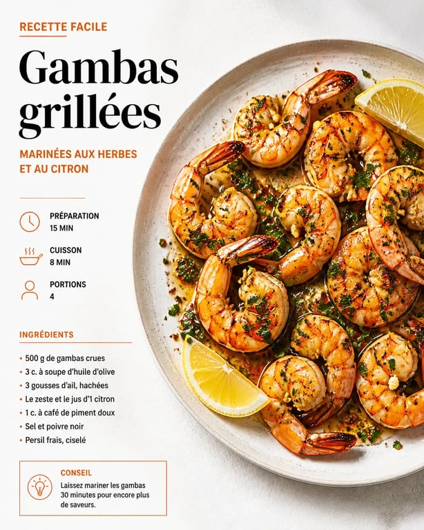 Gambas marinées et grillées prêtes à déguster