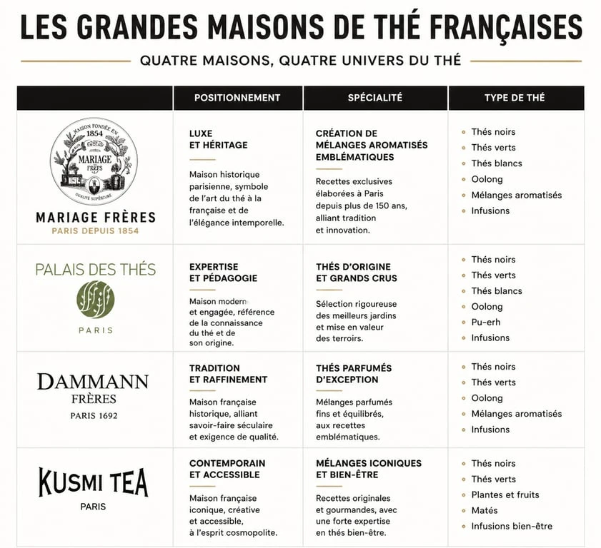 Infographie comparative des meilleures marques de thé : Mariage Frères, Palais des Thés, Dammann Frères et Kusmi Tea.
