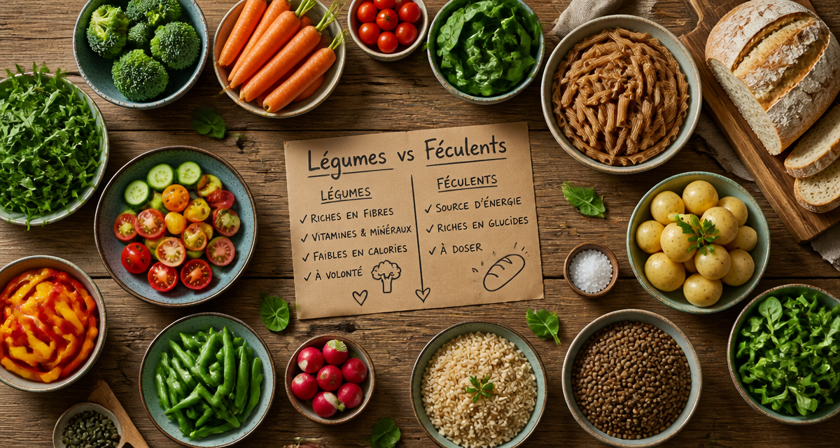 liste des legumes et feculents en bols sur table