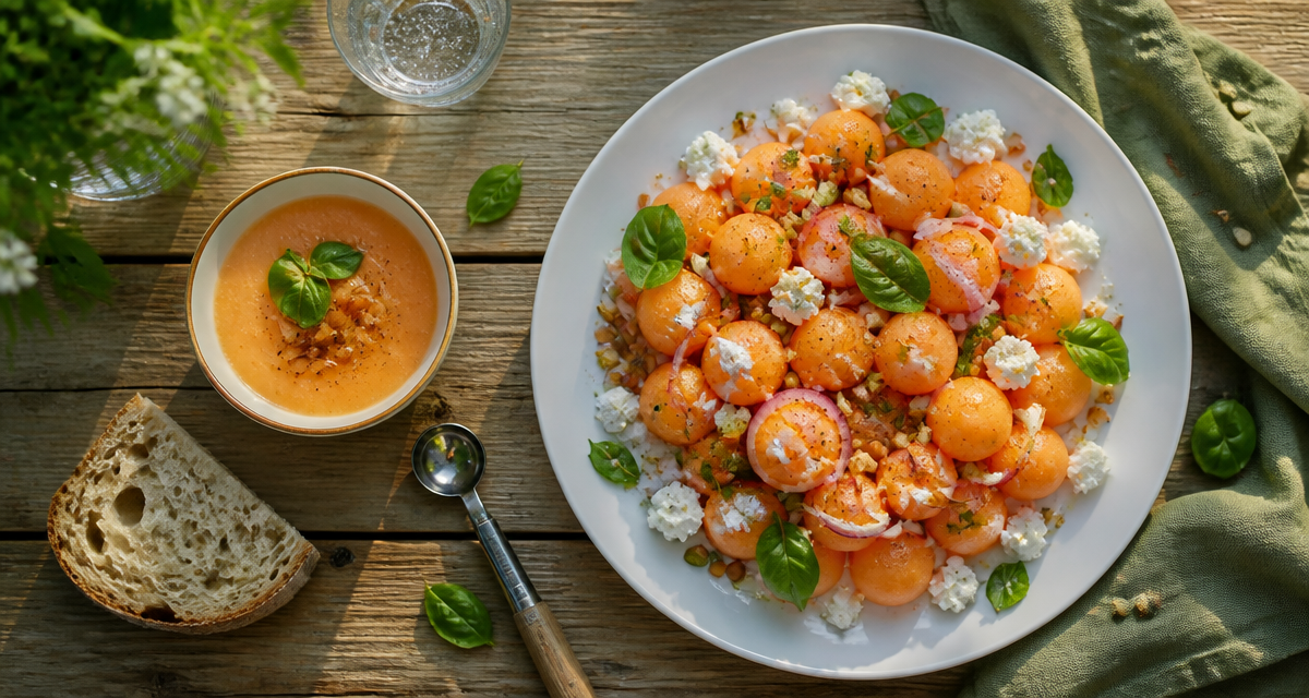 recette melon salade feta pignons basilic