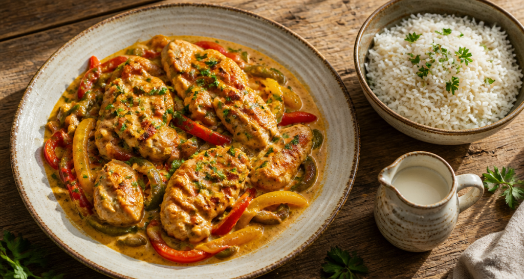 recette poulet poivron en sauce sur assiette rustique