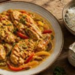 recette poulet poivron en sauce sur assiette rustique