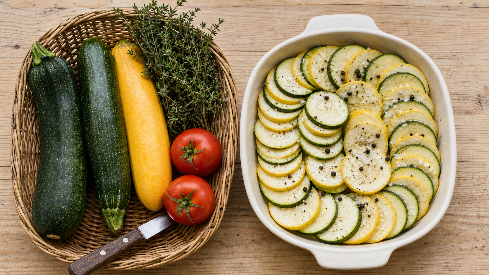 Courgettes saison pour tian : rondelles et herbes fraîches