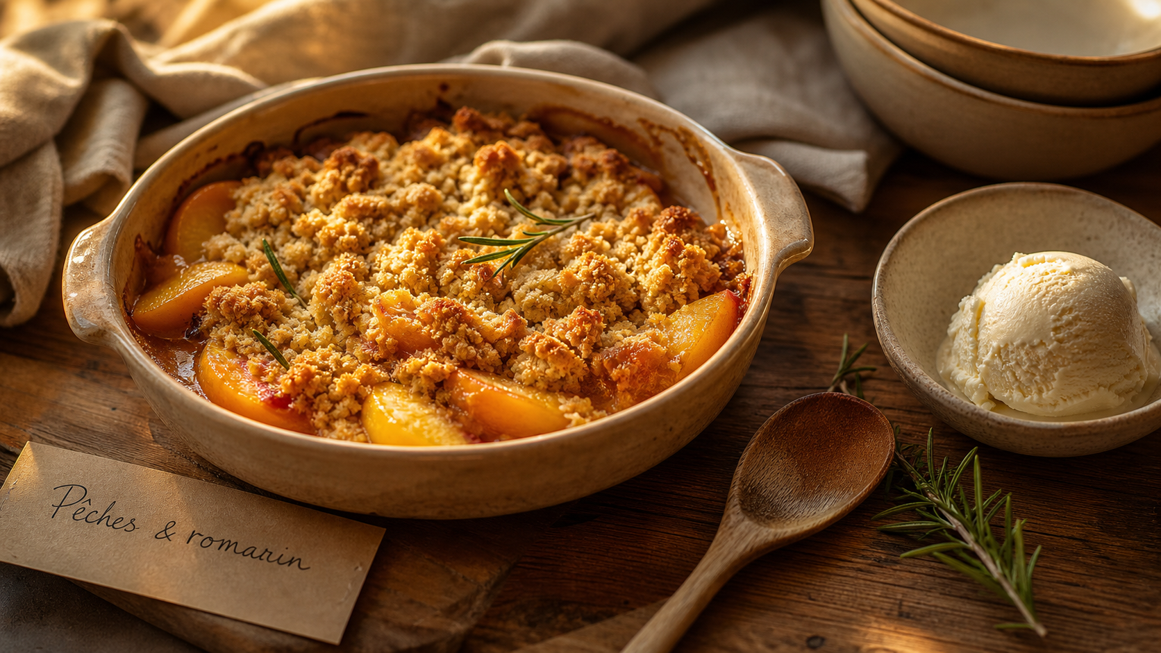 Desserts pêches : crumble pêche-romarin doré aux pêches