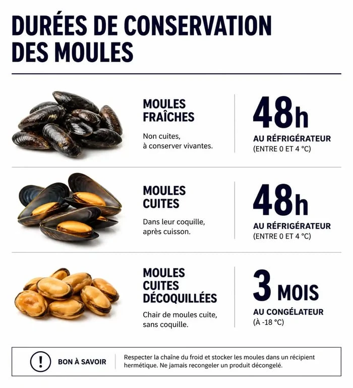 Infographie sur la conservation des moules fraîches et cuites pour éviter les risques sanitaires