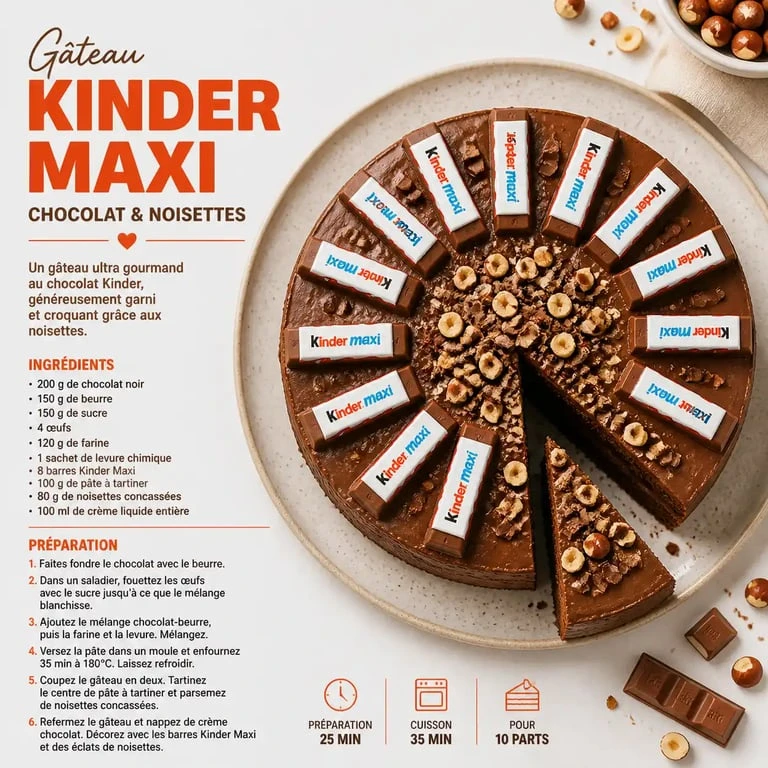 Gâteau Kinder maison gourmand décoré avec des barres de chocolat