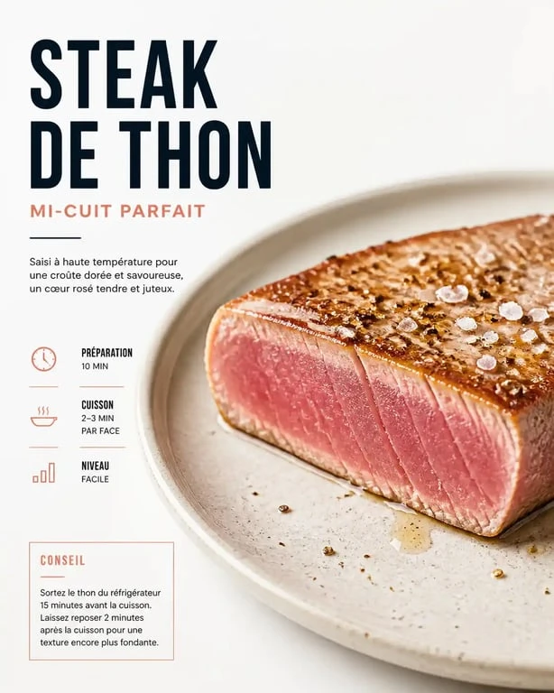 Steak de thon mi-cuit parfaitement cuit avec une croûte dorée et un cœur rosé pour la cuisson d'un steak de thon