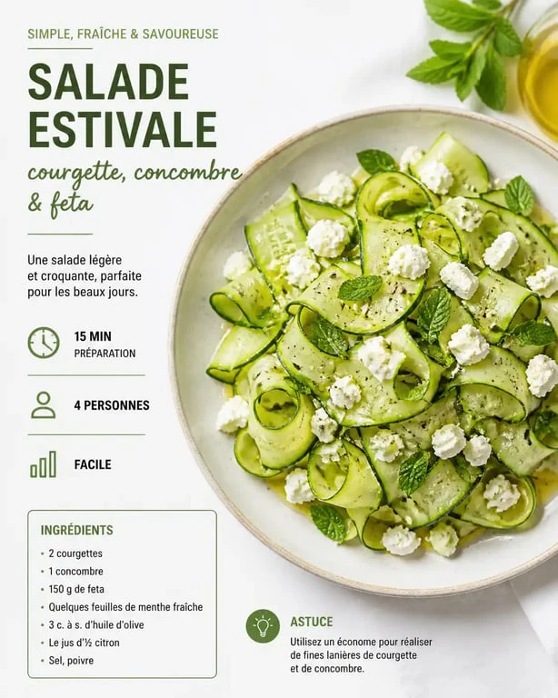 Salade fraîcheur courgette concombre à la feta, une recette estivale légère et croquante.