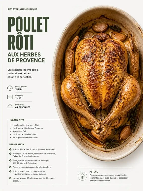 Poulet rôti aux herbes de Provence doré et croustillant dans un plat