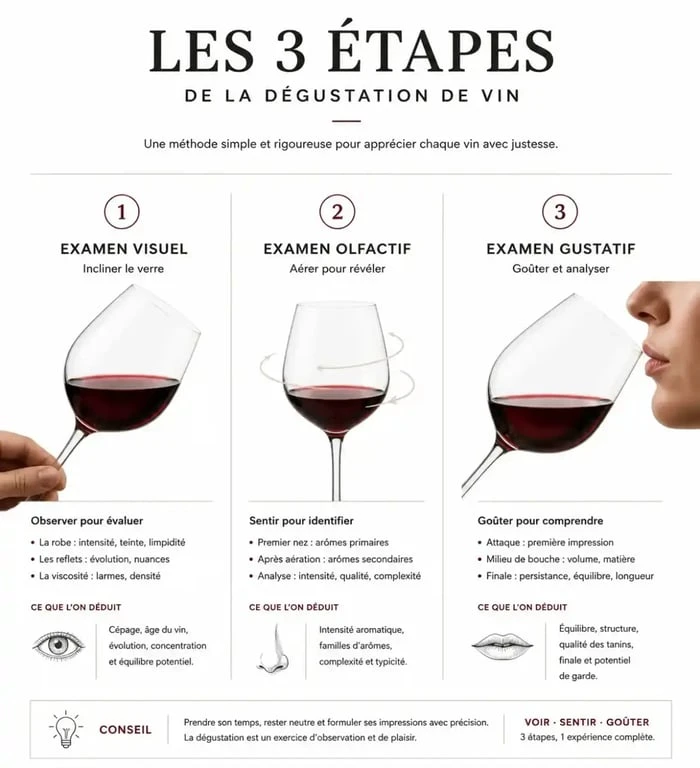 Infographie des 3 étapes pour apprendre à déguster le vin