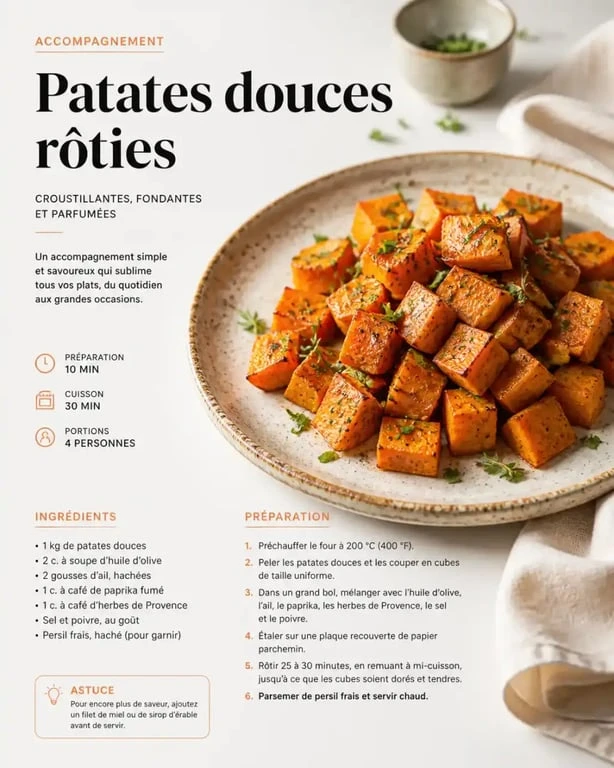 Accompagnement patate douce rôties aux herbes dans une assiette élégante